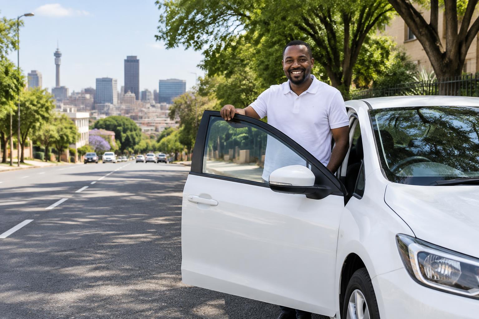 A smiling South African driver beside a white sedan in Kroonstad